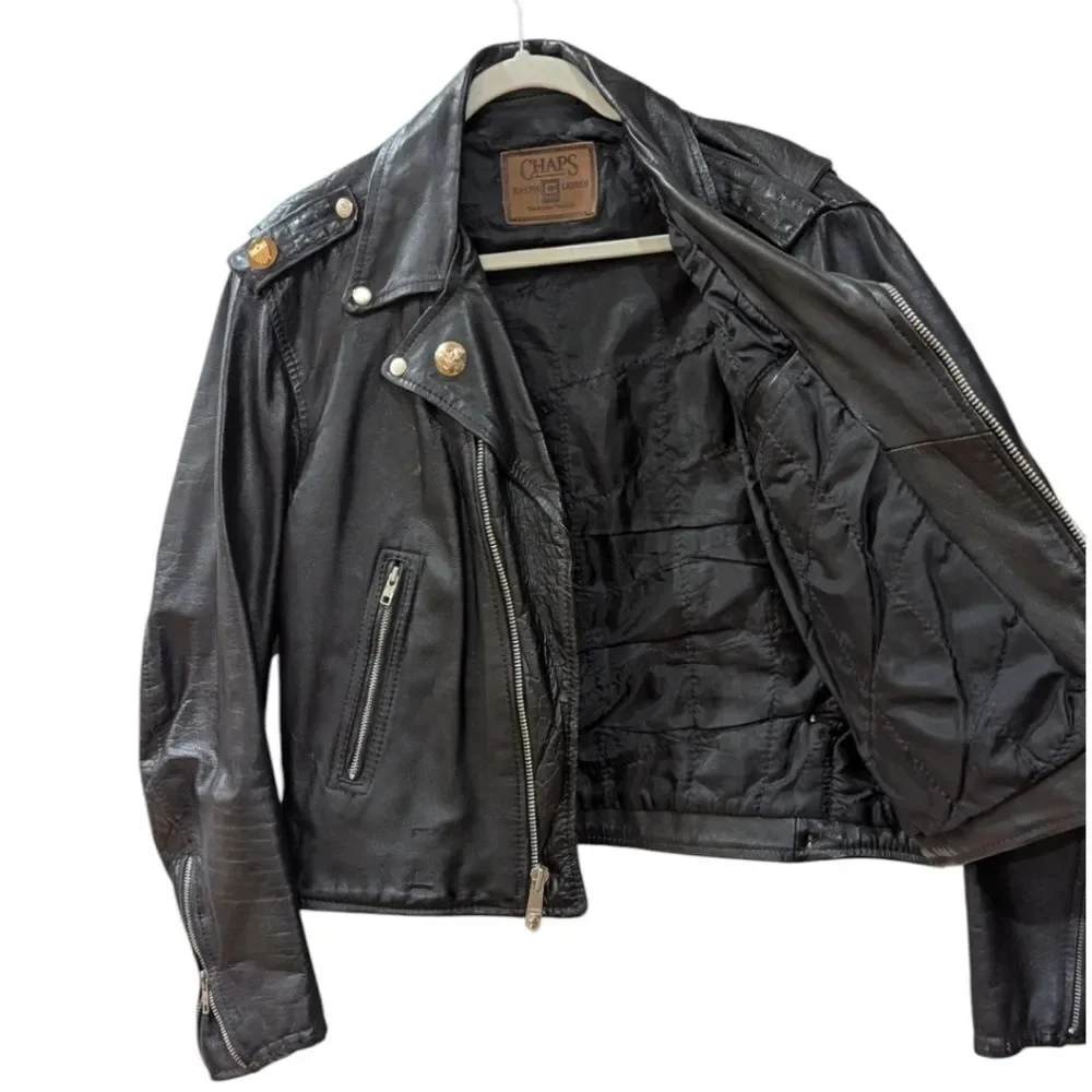 Vintage Ralph Lauren x Chaps U.S ARMY 100% Leather Moto Jacket Men's S in black - Picture 3 of 9